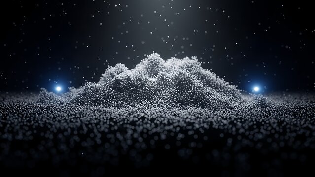 Abstract Micro-particle Landscape with White Granules Forming Undulating Terrain, Illuminated by Two Glowing Blue Spheres, Symbolizing Technology, Science, or a Digital World. - Powered by Adobe