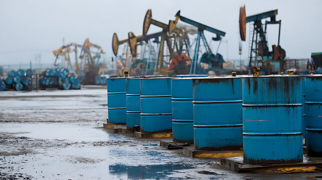 Oil industry scene with blue barrels lined up in the foreground and oil rigs in the background under a cloudy sky. A landscape of energy and resources.