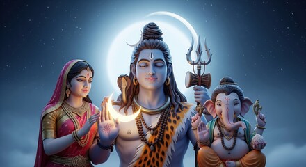 Moonlight Shiva Parvati Ganesha Divine Family under Night Sky