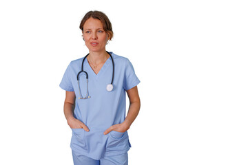 Female healthcare professional in blue scrubs wearing stethoscope with hands in pockets on transparent background