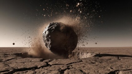 Asteroid Impact on Dry Cracked Earth Creating a Crater and Debris Field.