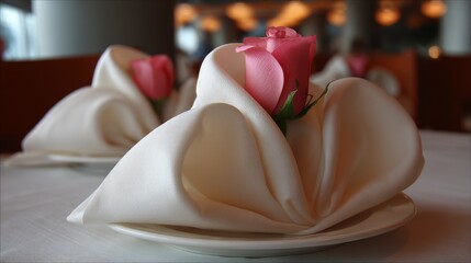 Elegant white linen napkins elegantly folded with a single pink rose, set for a romantic dinner or special occasion.