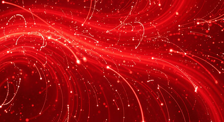 Abstract red background with swirling digital waves and particles, perfect for data flow concepts and modern tech designs