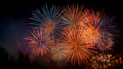 Fototapeta premium Night Sky Celebration: Fireworks paint the night sky with vibrant hues, illuminating the darkness with bursts of light and color, creating a spectacle of joy and celebration.