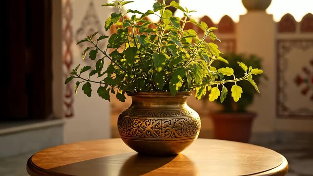 Holy Basil Tulsi Plant in Traditional Brass Pot Golden Hour