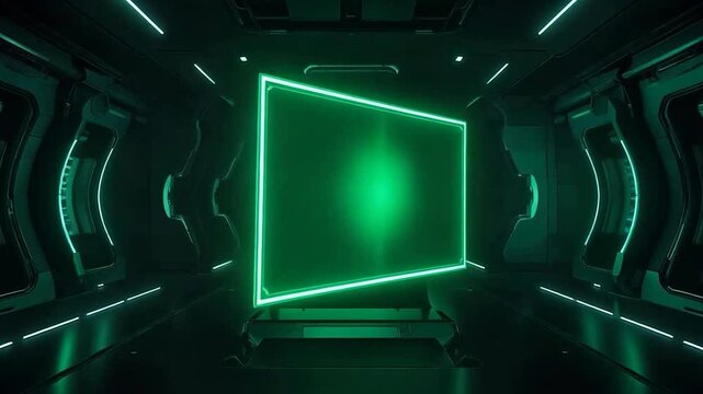 Futuristic Green Neon Screen Glowing in a Dark Technological Corridor with Modern Architecture and Advanced Lighting