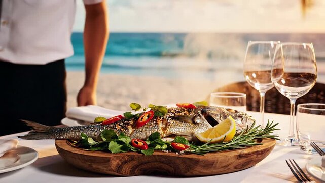 Gourmet seafood dish served outdoors with fresh ingredients sunlight and scenic view