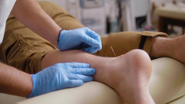 Physiotherapist performing dry needling therapy by placing thin sterile needles into the calf and Achilles tendon area of a male patient during a professional physiotherapy assessment session in a mod