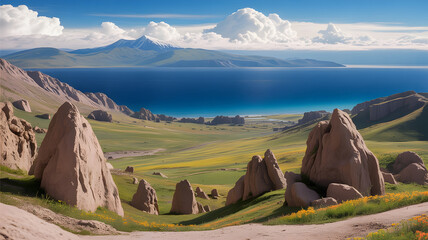 Vibrant Mountain Landscape with Blue Lake and Unique Rock Formations