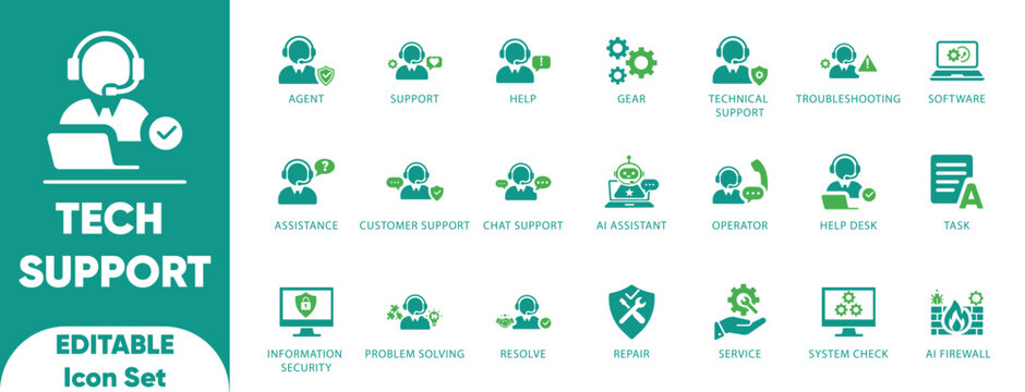 Tech support and help desk icon set. Features agent, chatbot, troubleshooting, and firewall symbols. Ideal for customer service apps, call centers, and IT maintenance. - Powered by Adobe
