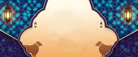Eid Al Adha Banner Template Design with Islamic Pattern and Lanterns