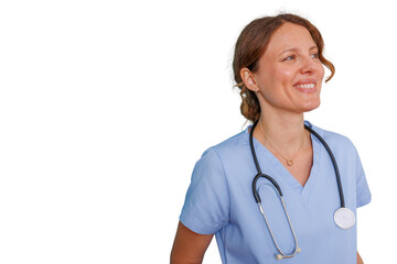 Fototapeta premium Healthcare professional smiling and looking away, female doctor wearing scrubs and stethoscope, transparent background
