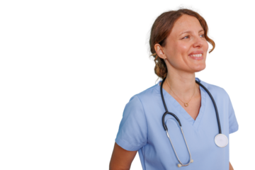 Healthcare professional smiling and looking away, female doctor wearing scrubs and stethoscope, transparent background