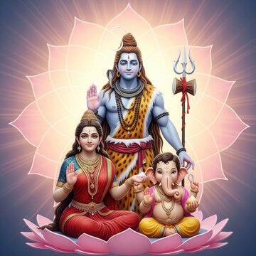Shiva Parvati Ganesha Divine Family with Sacred Lotus Mandala Art