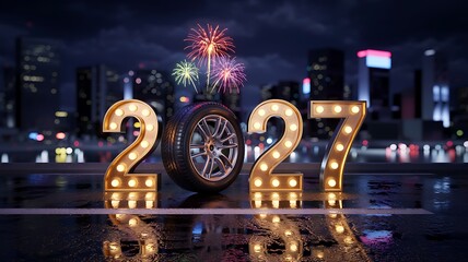A vibrant new year celebration featuring illuminated numbers a tire and dazzling fireworks against a blurred city skyline high quality professional