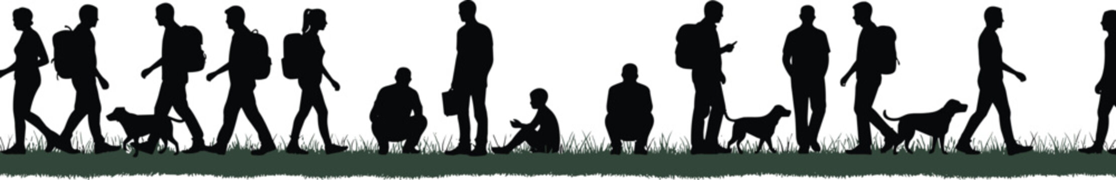 People walking outdoor silhouette illustration featuring hikers, pedestrians, and dog walkers in park landscape representing daily lifestyle activity