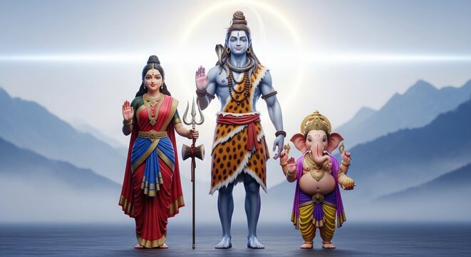 Shiva Parvati Ganesha Divine Family with Himalayan Background 3D Devotional Art
