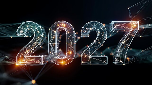 A futuristic depiction of the year 2027 rendered with glowing lines and dynamic connections against a dark background high quality professional - Powered by Adobe