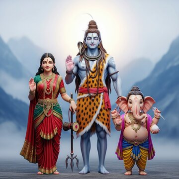 Shiva Parvati Ganesha Divine Family with Himalayan Background 3D Devotional Art