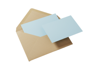 Light brown kraft envelope with natural texture, pristine pastel blue blank card angled and sliding out, top-down on transparent background, soft shadow. Concept of potential message