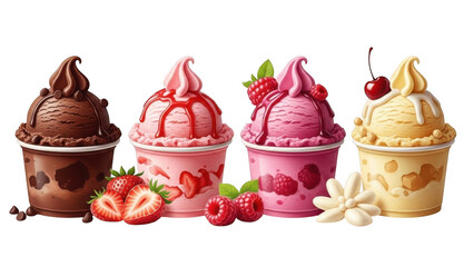 Four cups of ice cream with fruit toppings isolated on transparent background Keywords: ice