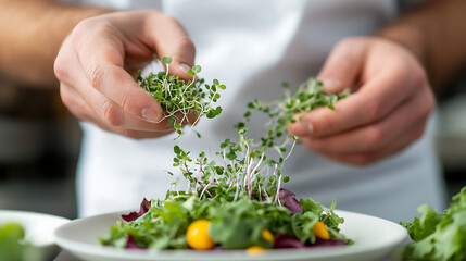 Hands delicately adding fresh microgreens to a vibrant salad, enhancing flavors and textures. A culinary masterpiece in progress, healthy eating at its finest!