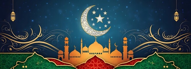 Elegant Islamic Banner Template Design with Crescent Moon and Mosque