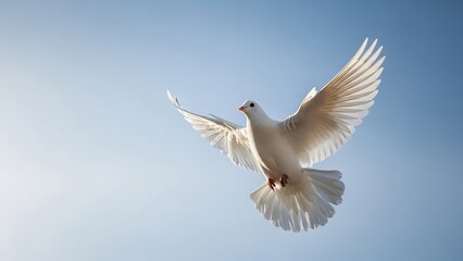 A majestic white dove in graceful flight against a vibrant blue sky, symbolizing peace and hope
