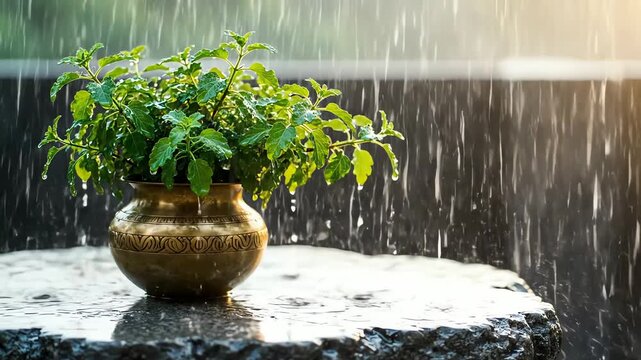Holy Basil Tulsi Plant in Brass Pot on Stone Table Under Rain