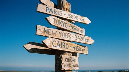 A weathered signpost points the way to diverse global destinations under a clear blue sky, evoking a sense of wanderlust and exploration.  