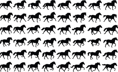 Horse gallop motion silhouettes sequence, equine biomechanics animation frames, black horse running cycle, animal movement study vector illustration set