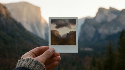 A person hand holding a polaroid picture of the mountain and the scenic. Capture the moment, perfect picture. 