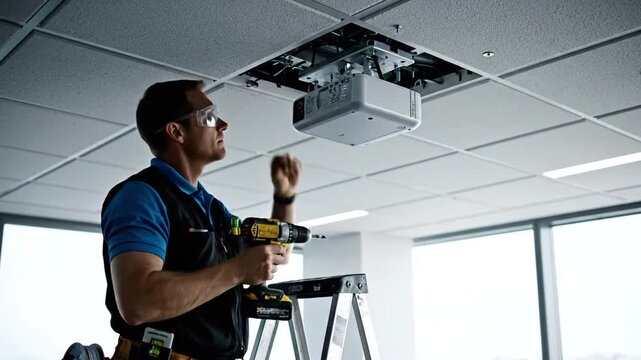 Technician installing a projector in an office ceiling, performing maintenance or setup for a presentation system.