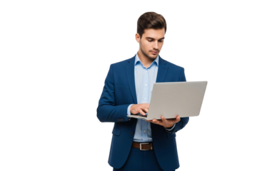 Businessman using laptop isolated on transparent background