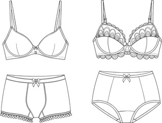 Lingerie Technical Flat Sketches, Bras and Panties Set Vector Illustration, Push-Up Bra, Lace Trim Bra, Boy Shorts with Pom-Pom Detail, High-Waist Briefs, Front View.