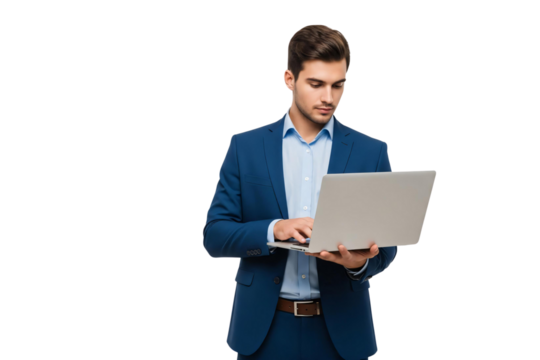 Businessman using laptop isolated on transparent background - Powered by Adobe