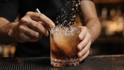 Bartender crafting cocktail with ice and tools in bar setting.