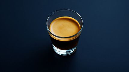 A vibrant espresso shot in a clear glass, perfect for coffee lovers seeking a rich and intense caffeine kick to brighten up their day. Dark table.