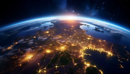 a high angle perspective showcases earth from space cities glow with light against a dark curving horizon scattered clouds