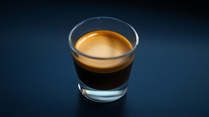 A close-up captures a shot of rich espresso in a clear glass, set against a deep blue backdrop, perfect for a caffeine kick and a boost to start the day.