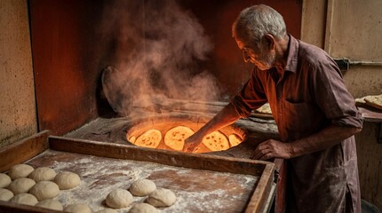 An experienced baker carefully places dough into a traditional oven, steam rising to reveal the artistry and tradition. Capture the warmth of a rustic bakery and the dedication of the craftsman.