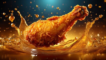 juicy crispy fried chicken drumstick floats in a vibrant shimmering liquid with golden droplets perfect for appetizing food advertising and culinary promotions