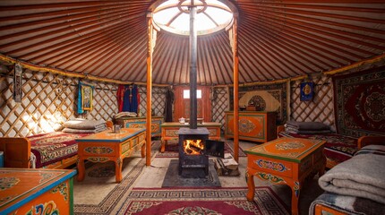 Inside a beautifully decorated yurt, a central fireplace radiates warmth, complemented by intricately designed furniture and vibrant textiles.