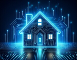 digital rendering of a house outlined with neon lights interconnected by electronic circuit patterns on a dark blue background