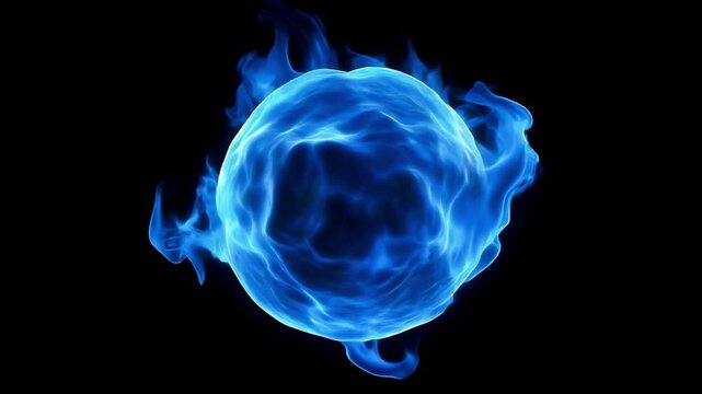 Floating blue fireball with an intense neon core and soft outer flames, isolated on a pure black background, 4k.