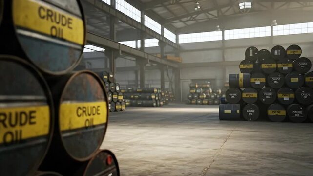 Rows of crude oil drums stacked in a warehouse, an industrial scene for energy production and global trade