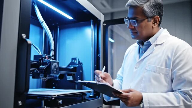 Male scientist in lab coat operating 3D printer and taking notes on a clipboard in a modern laboratory setting.