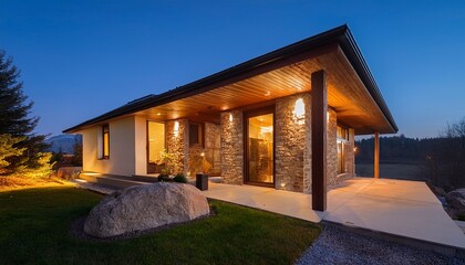cozy modern rustic home at night exterior ambiance with warm lighting and stone walls