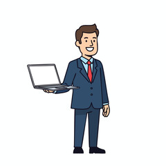 A smiling man in a suit holds up a laptop with a blank screen