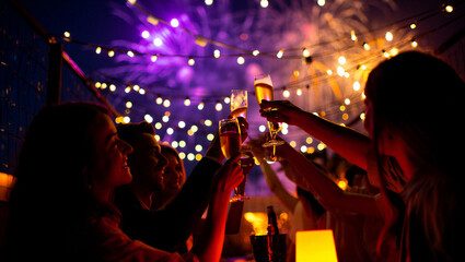 A silhouette of a DJ in action at a night concert stage performs for a dancing crowd during a live music festival event at a nightclub filled with disco lights and entertainment New Year’s Eve